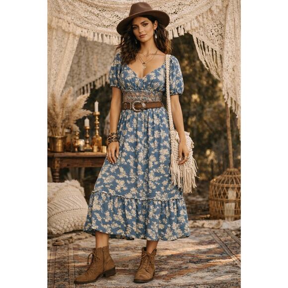 Free People Dresses & Skirts - Free People Blue Cream Floral Smocked Puff Sleeve Midi Dress Women’s Medium Boho